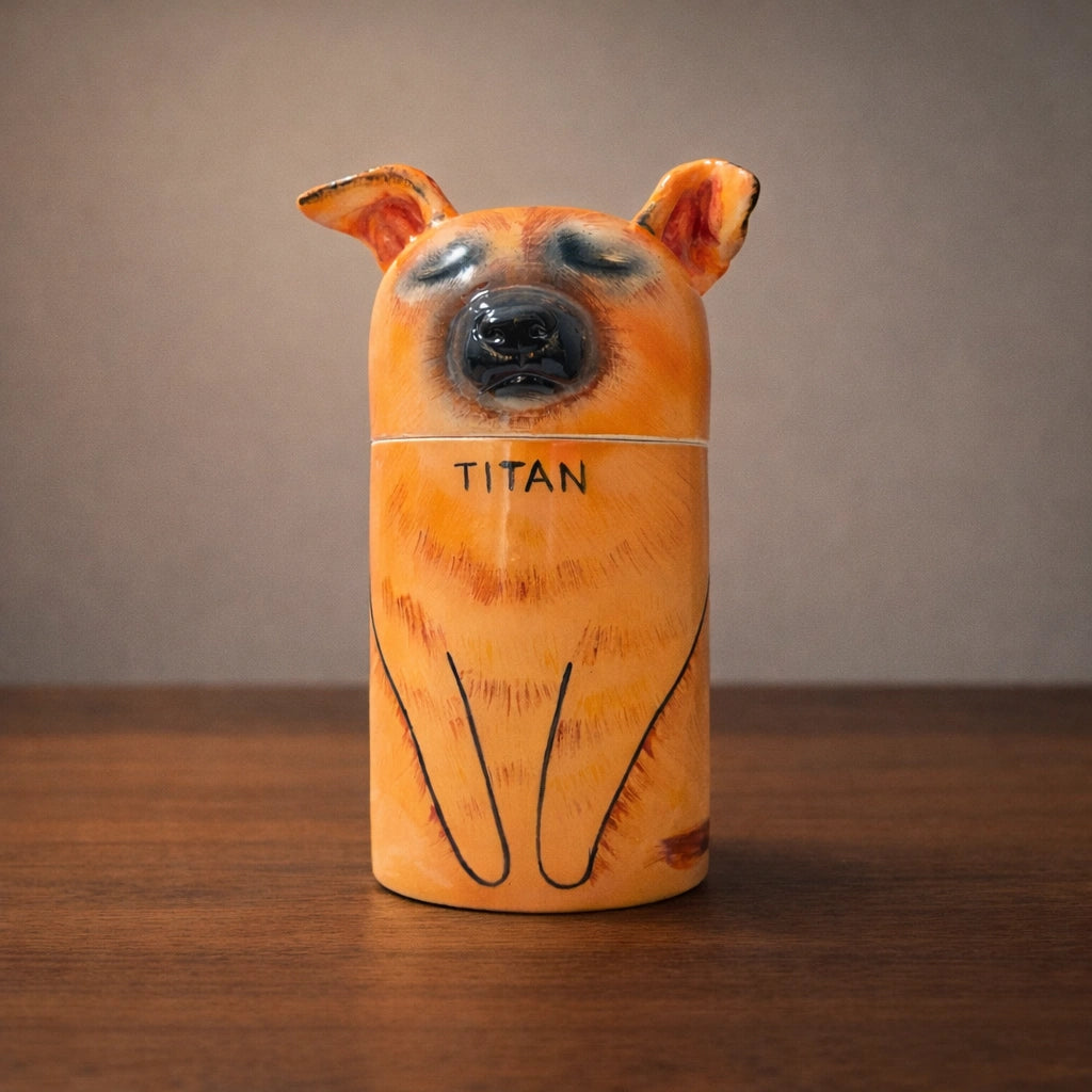 Personalized ceramic dog urn with warm orange glaze on wooden surface