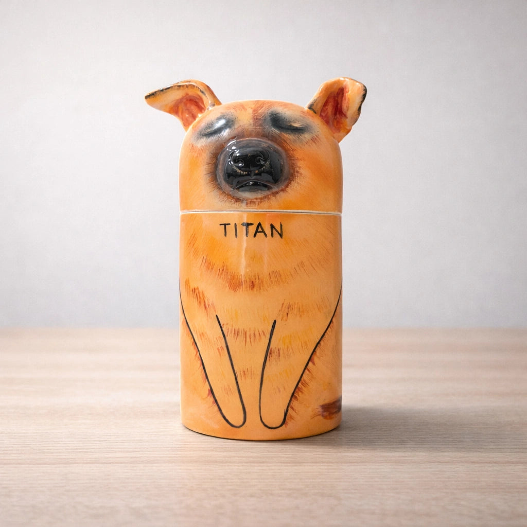 Personalized ceramic dog urn suitable for interior spaces