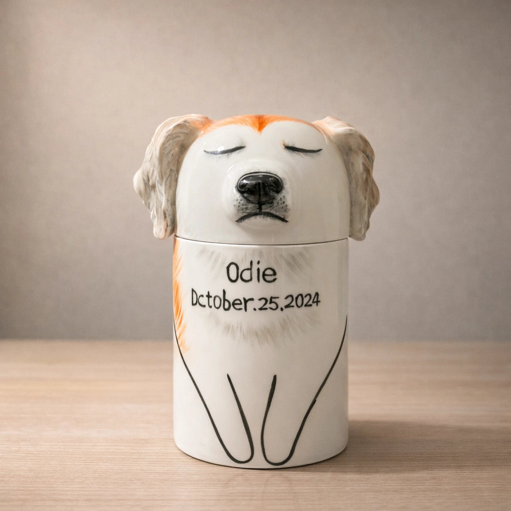 Personalized ceramic dog urn with closed eyes and name inscription