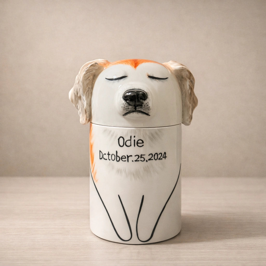 Handcrafted ceramic dog urn with custom name and date