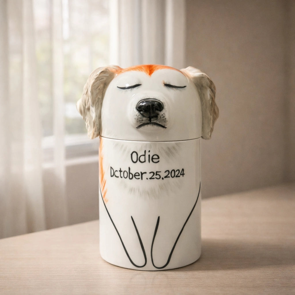 Minimal ceramic dog urn with closed-eye design for home placement