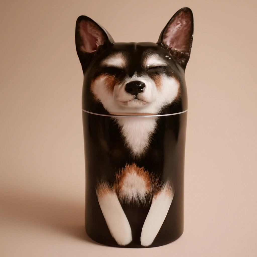 Dog-shaped container with a realistic design on a beige background