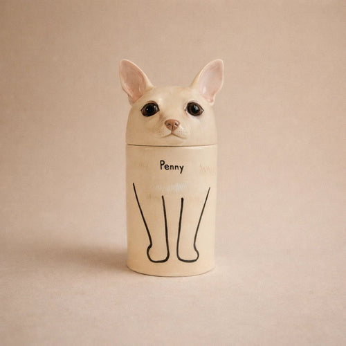 Handmade custom dog urn with personalized name Penny, ceramic pet memorial for ashes, unique pet loss gift