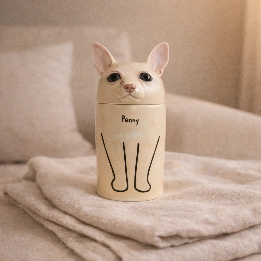 Custom handmade pet urn crafted from dog photo