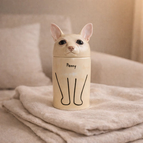 Custom dog urn with personalized name Penny, handmade ceramic pet memorial for ashes, unique pet loss gift