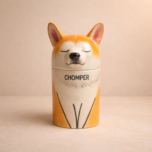 Custom dog urn with Shiba Inu design, personalized with name 'Chomper', handmade ceramic pet memorial