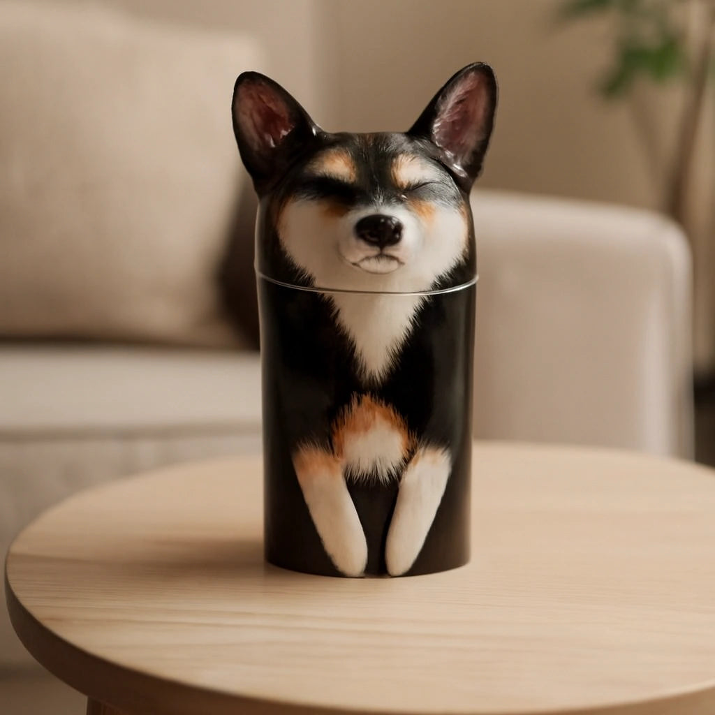 Dog-shaped container on a wooden table with a blurred background