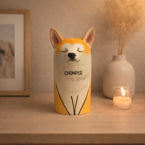 Custom dog urn shaped like Shiba Inu with name Chomper, handmade ceramic pet memorial for home decor
