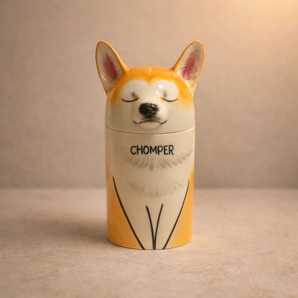 custom dog urn handmade ceramic, personalized pet cremation urn with Corgi design, unique pet memorial keepsake