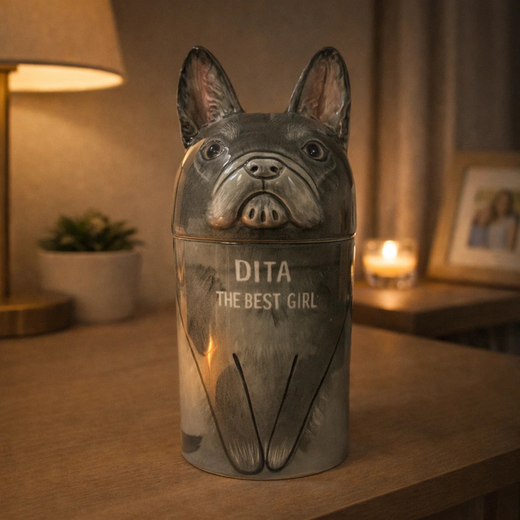 Dog-shaped decorative urn with 'DITA THE BEST GIRL' engraving on a wooden surface.