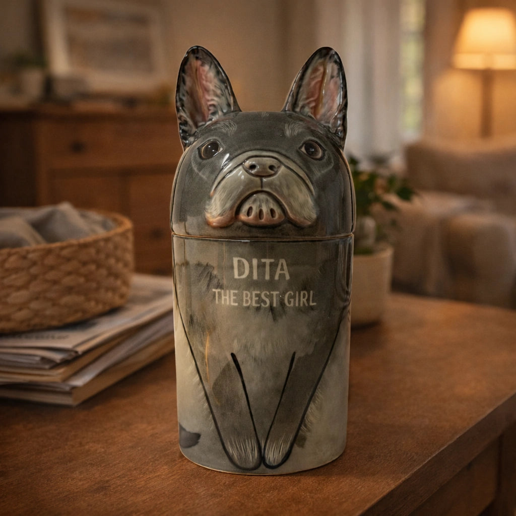 gray ceramic dog urn handmade memorial on wooden table