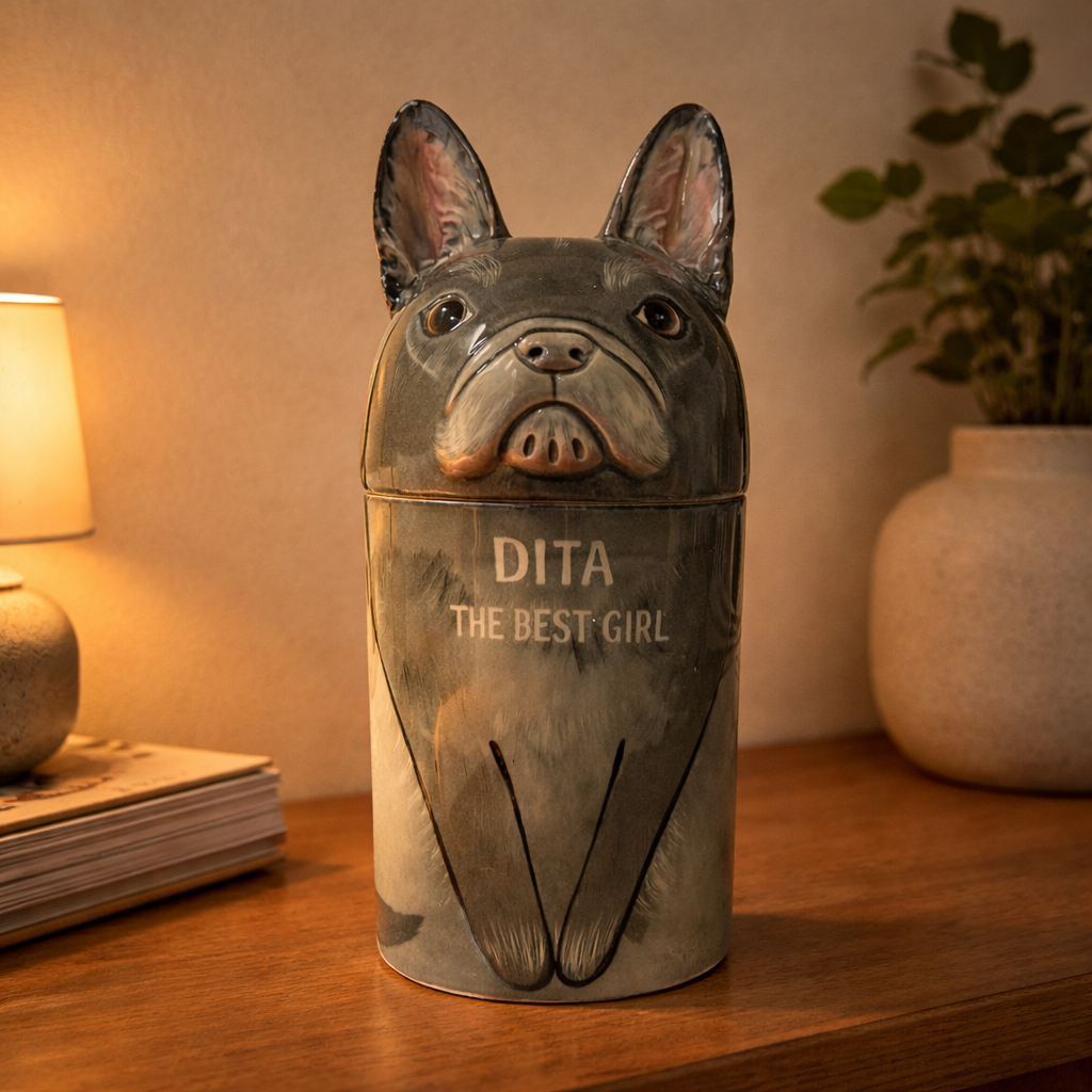 Decorative vase shaped like a bulldog with 'Dita The Best Girl' text on a wooden surface.