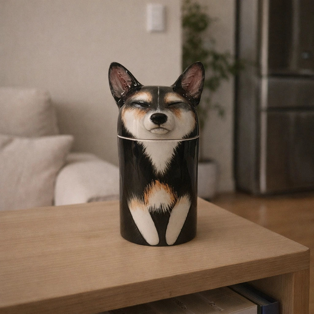 Dog-shaped decorative item on a wooden table in a home setting