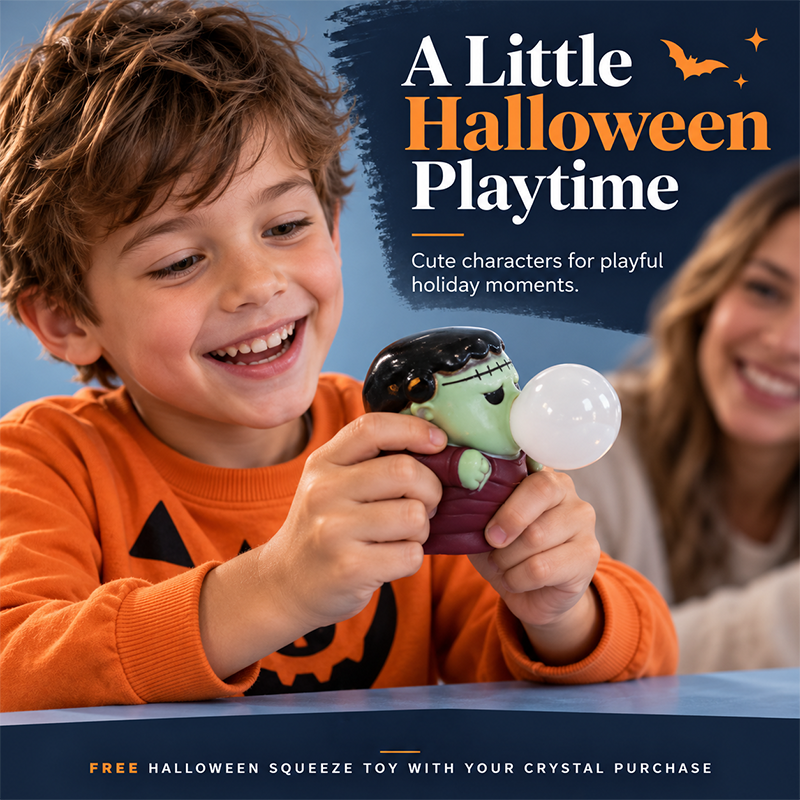 Child squeezing a green Halloween monster toy with a bubble expanding from its mouth