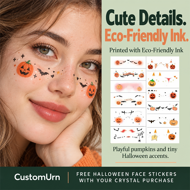 Pumpkin and bat Halloween face stickers on a woman's cheeks, with assorted sticker designs beside her