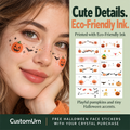 Pumpkin and bat Halloween face stickers on a woman's cheeks, with assorted sticker designs beside her