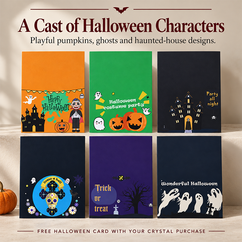 Six Halloween greeting card designs with pumpkins, ghosts, a haunted house, and a colorful skull