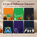 Six Halloween greeting card designs with pumpkins, ghosts, a haunted house, and a colorful skull