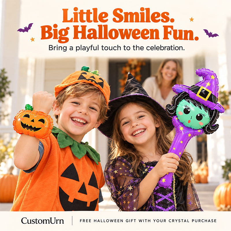 Children showing a pumpkin inflatable wristband and a purple witch balloon wand in Halloween costumes
