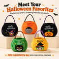 Five Halloween candy bags with handles and embroidered owl, vampire, pumpkin, cat, and witch designs