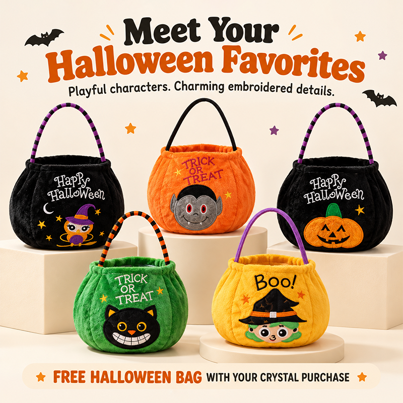 Five Halloween candy bags with handles and embroidered owl, vampire, pumpkin, cat, and witch designs