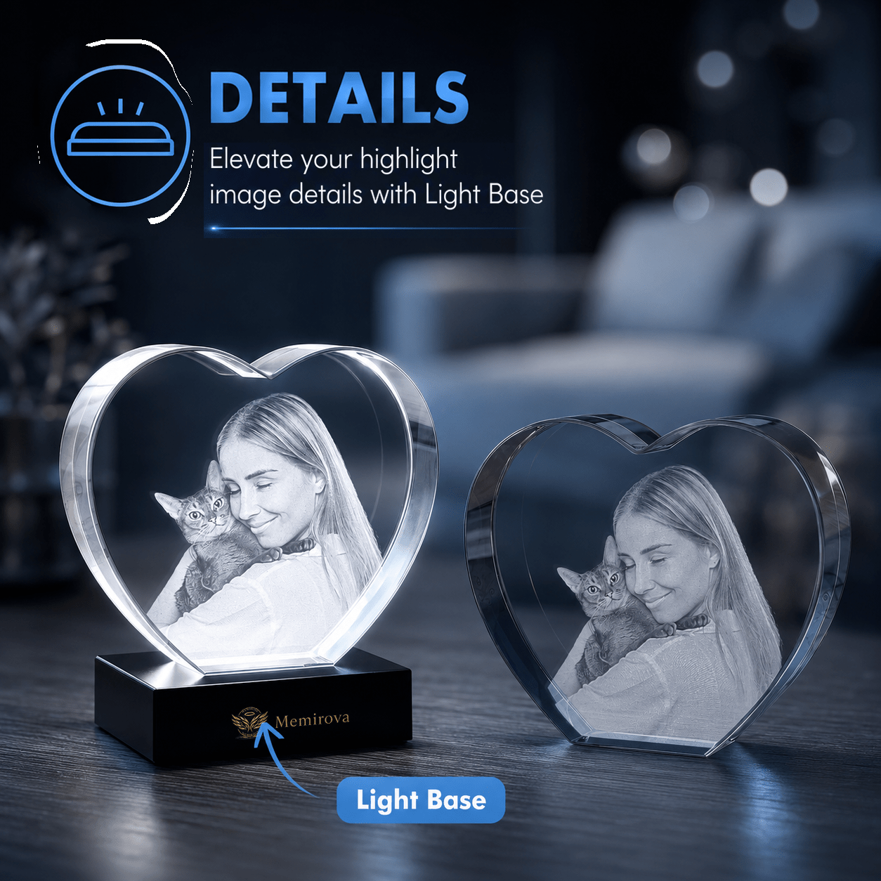 Memirova Wedding Heart Crystal Keepsake Light Base Details-Memirova