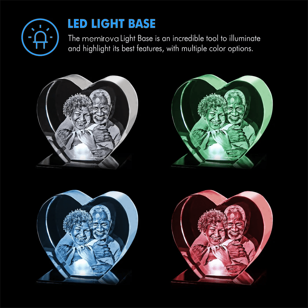 Memirova Wedding Heart Crystal Keepsake LED Light Base Color Options-Memirova