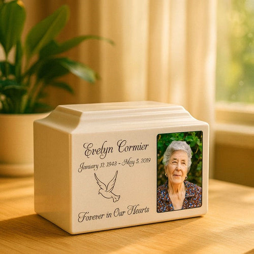 Personalized ceramic adult urn with inscription and framed photograph