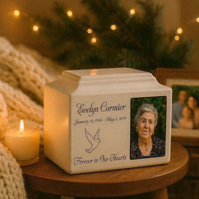 Rectangular ceramic memorial urn with custom image panel