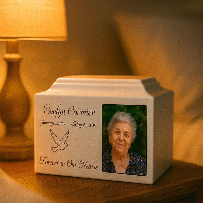 Personalized adult urn with engraved text and photo insert