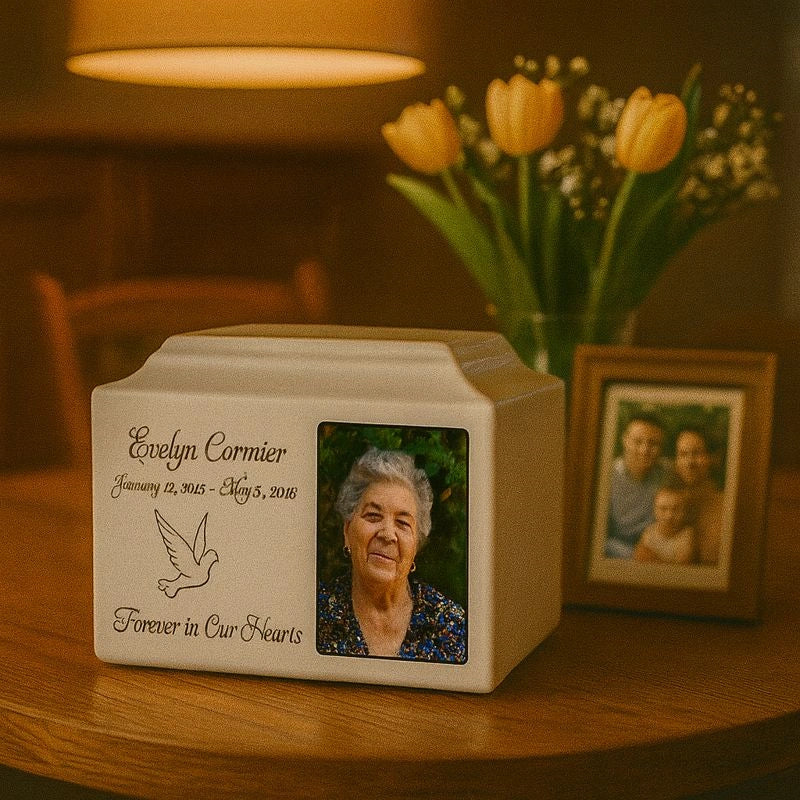 Ceramic adult urn designed for home interior placement