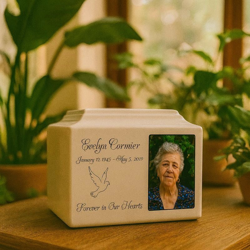 Custom memorial urn with photo and inscription detail