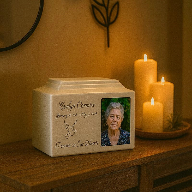 Ceramic adult urn with rectangular form and personalized front panel