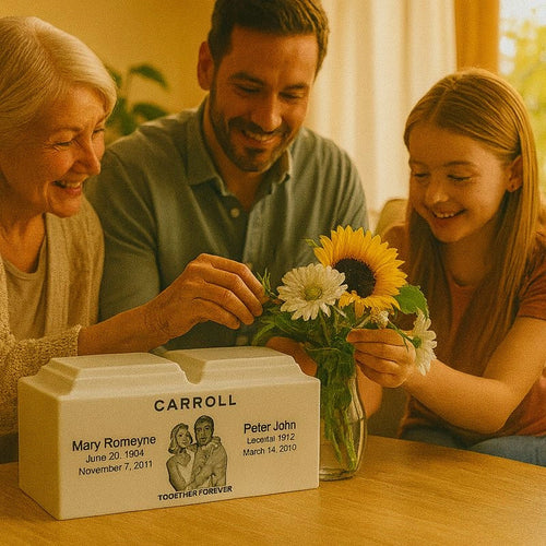 Family with personalized handmade urn and flowers, custom urn from photo, memorial keepsake