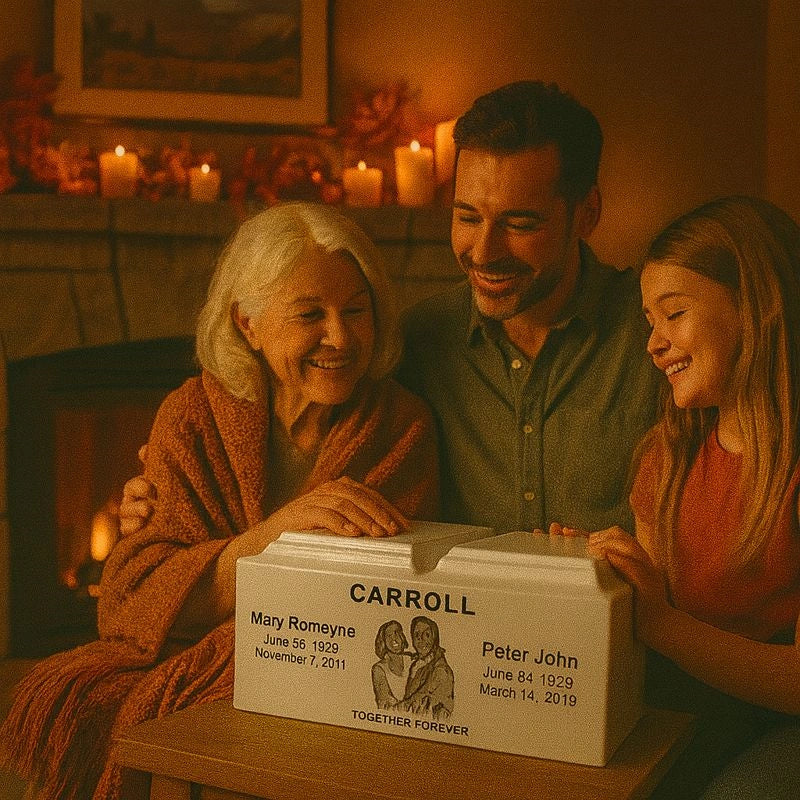 Ceramic companion urn with dual names and dates