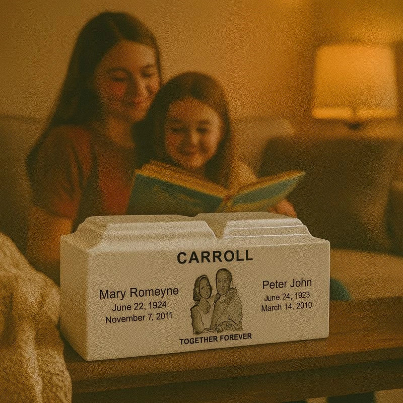 Double ceramic memorial urn designed for paired placement