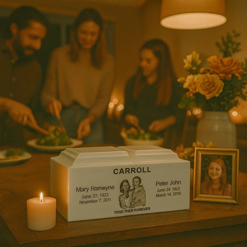 Custom urn for two with engraved text and illustration