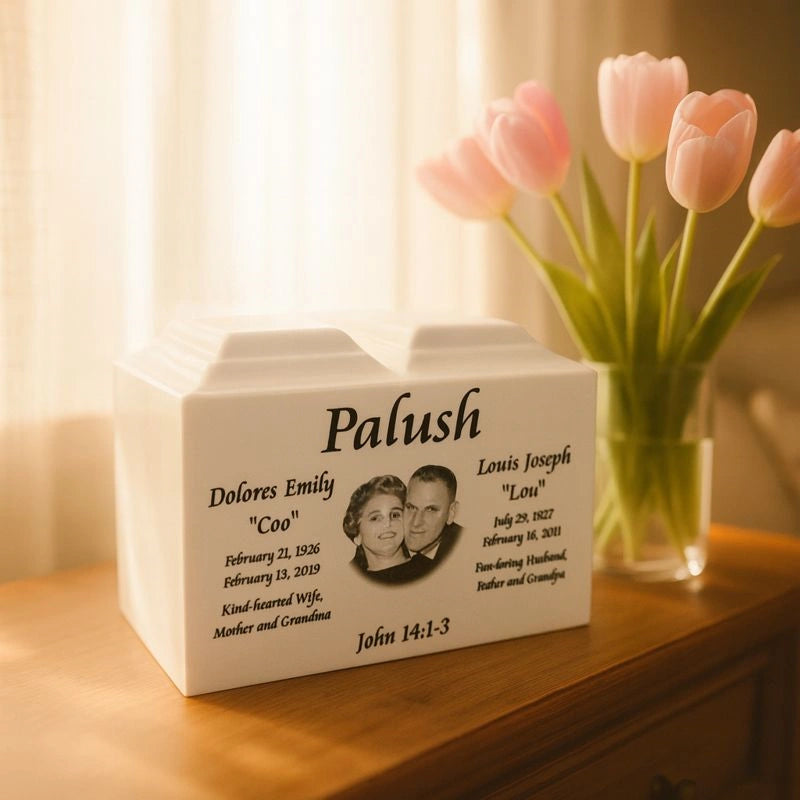 Custom companion ceramic urn with photo and dual inscription