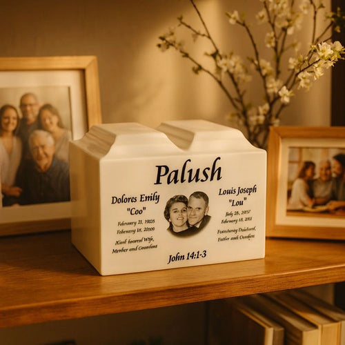 Custom urn from photo with personalized engraving, handmade ceramic pet memorial urn, modern pet urn design, displayed on shelf