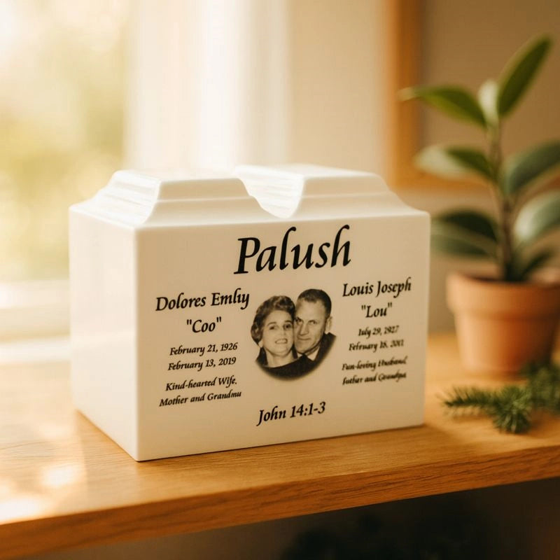 Ceramic companion urn for two individuals with names and dates