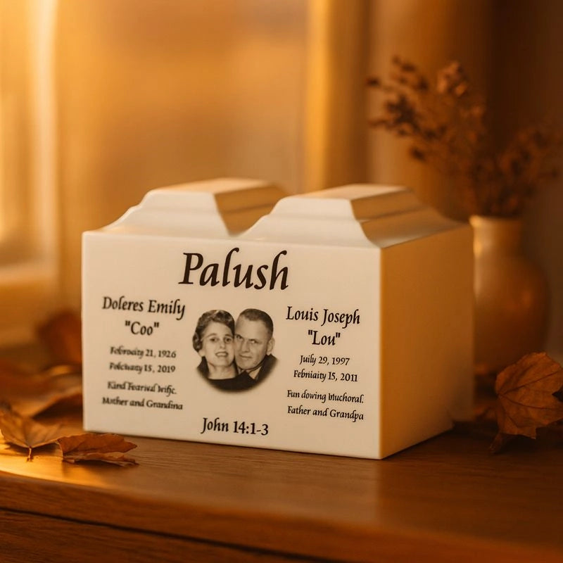Custom urn with engraved names and photo, personalized cremation memorial, handmade ceramic urn, unique pet or family remembrance keepsake