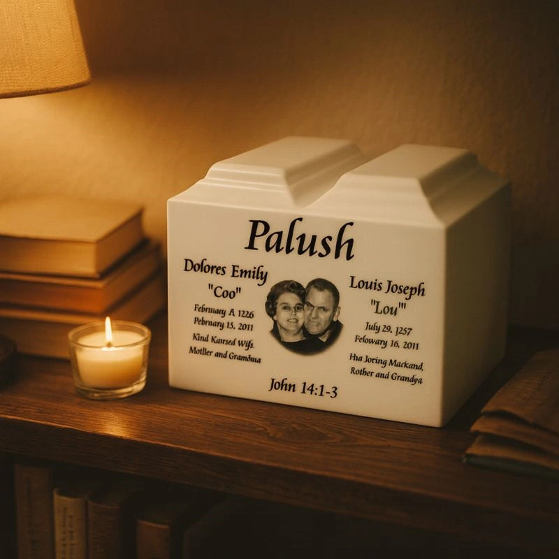 Custom pet urn with photo, personalized pet memorial urn, handmade ceramic pet cremation urn, modern design, unique pet loss gift on wooden shelf.