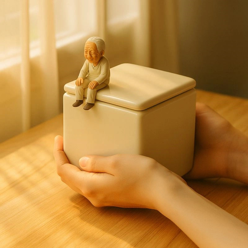 Ceramic memorial urn photographed in warm indoor setting