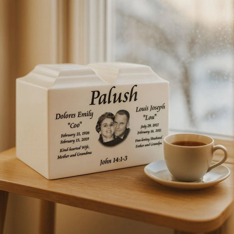 Handmade personalized pet urn with custom photo, ceramic pet memorial urn for ashes, modern design