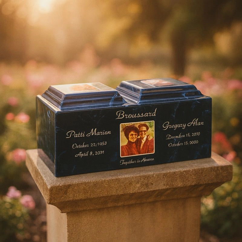 Personalized memorial urn with paired photo displays