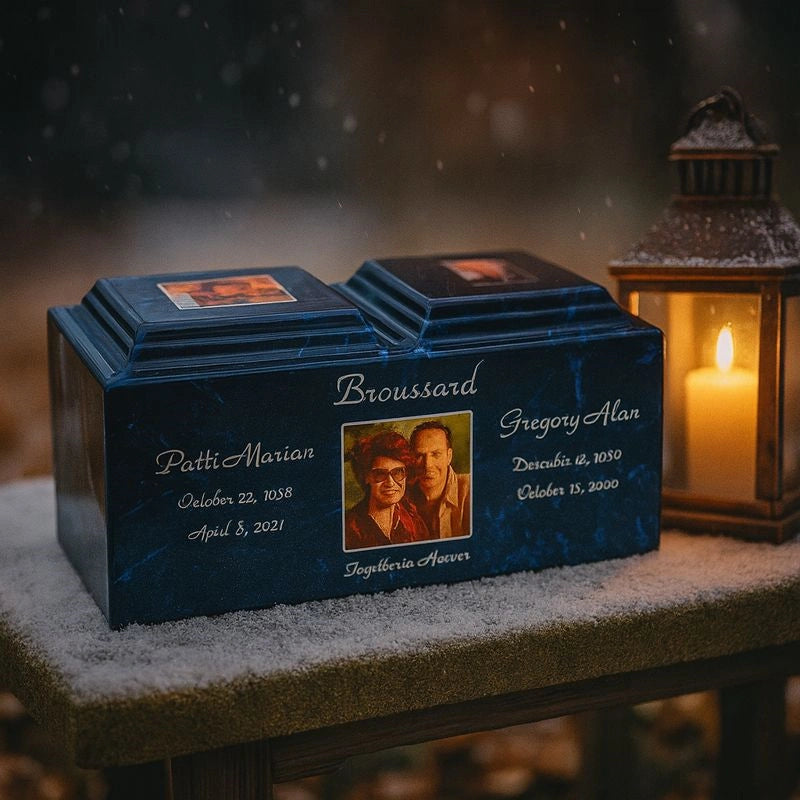 Double stone urn with engraved names and photo panels