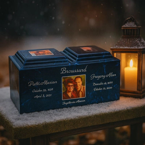 Custom urn for two people with engraved names, photo, and candle on a snowy bench
