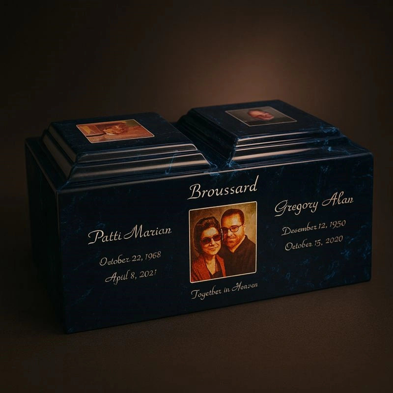 Rectangular stone-style double urn with dual lids