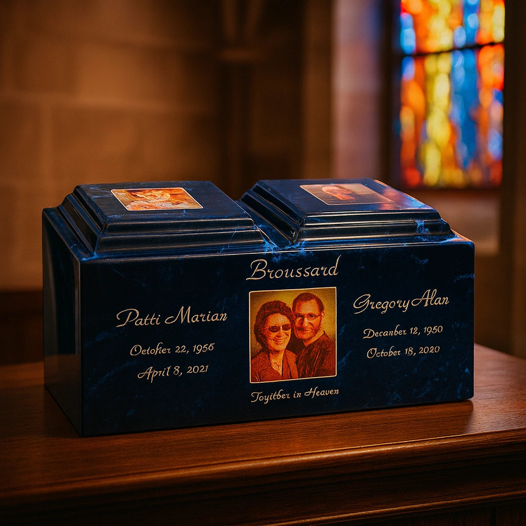 Custom double urn with engraved text and portraits