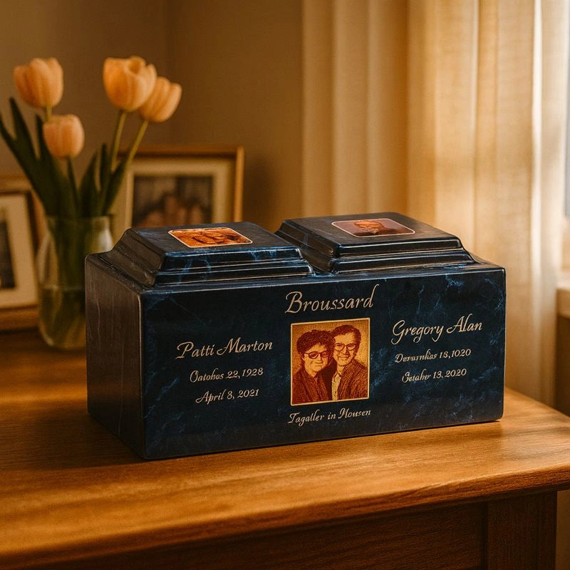 Custom stone companion urn for two with photo inscriptions